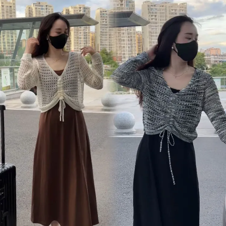 镂空上衣秋季外披秋款新款显瘦日常宽松垂感套裙连衣裙两件套
