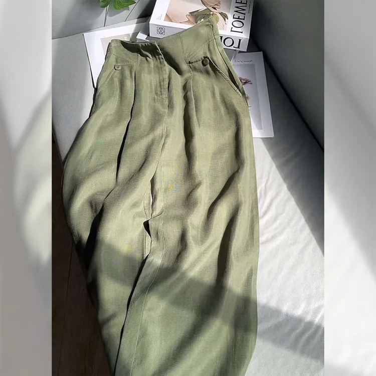 清冷感绿色高腰阔腿裤女2025夏新款韩系气质百搭遮胯显瘦直筒裤潮