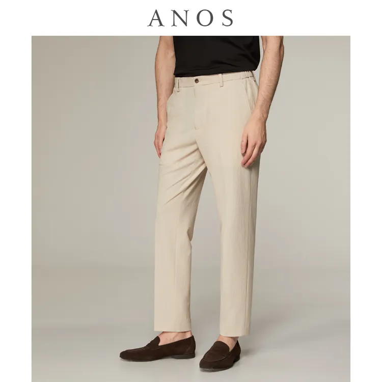 ANOS秋季休闲泡泡纱西裤男松紧弹力腰时尚百搭直筒商务微弹裤子