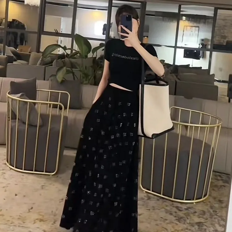 夏季夏装穿搭一整套女2024烫钻洋气T恤伞裙两件套又a时尚套装