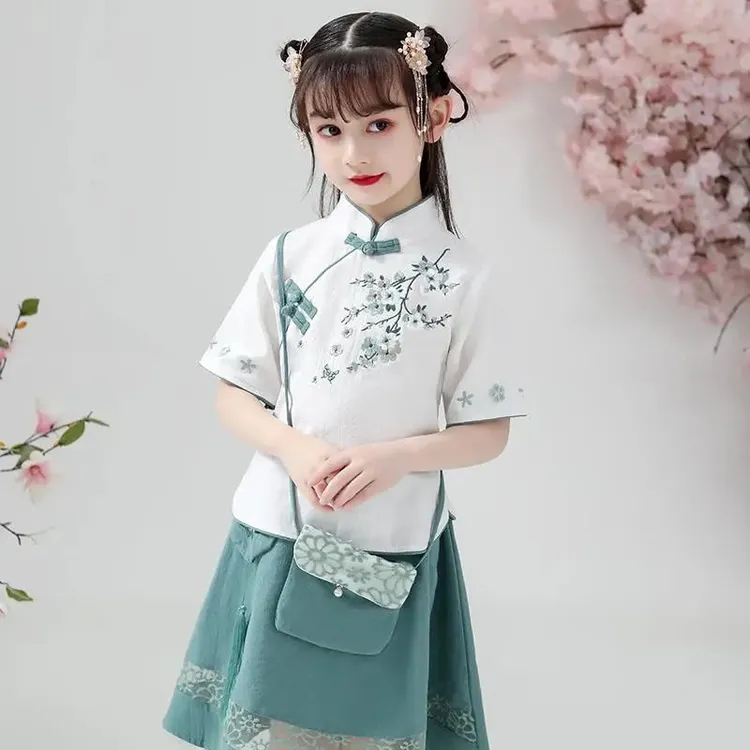 女童汉服儿童唐装2024新款中国风棉麻短袖套装夏季旗袍裙童装女孩