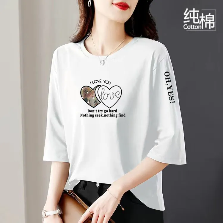 100%纯棉t恤女春夏秋新款七分袖韩版洋气宽松遮肉上衣体恤打底衫