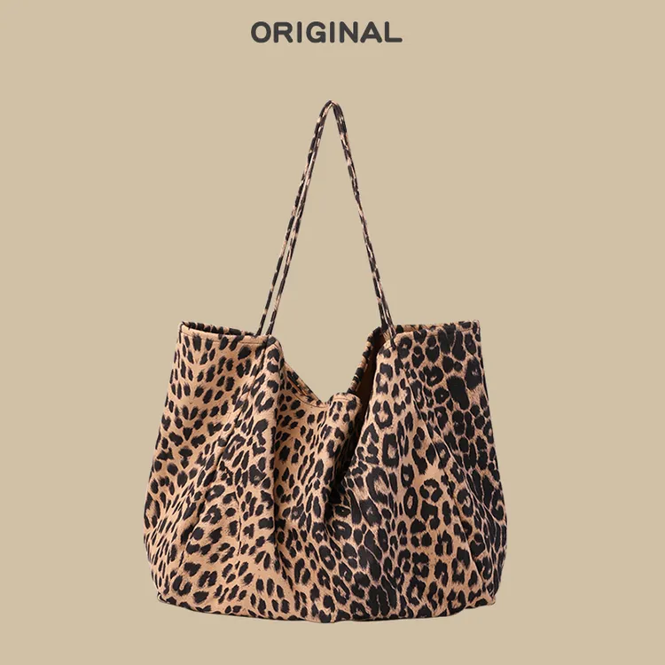 慵懒风大容量豹纹托特包女时尚绒布通勤单肩包学生上课手提帆布袋