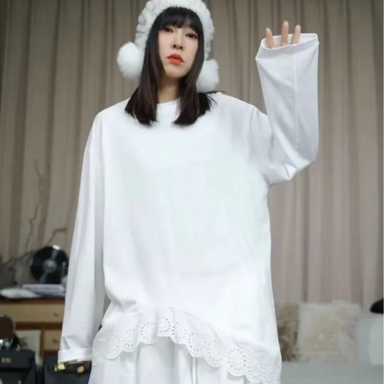 infobyfive2025秋季宽松纯色蕾丝边波浪长袖圆领打底衫2DI0905