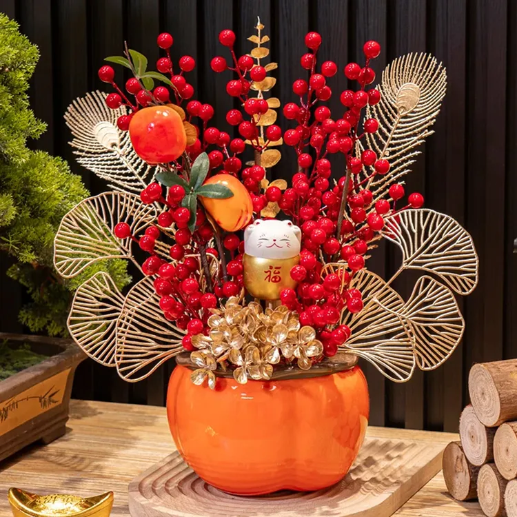 柿柿如意福桶摆件 仿真花冬青年宵花客厅摆件迷你可爱柿子插花瓶