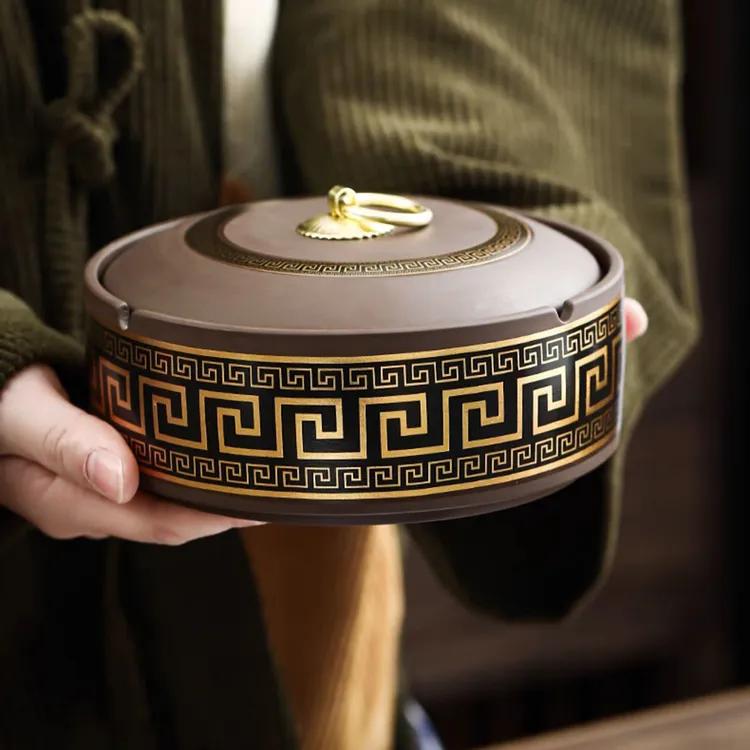 闽具大号紫砂烟灰缸带盖功夫防飞灰烟缸家用办公室创意茶桌烟灰缸