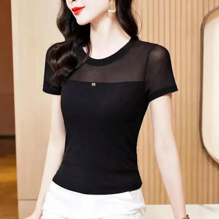 气质圆领百搭网纱短袖T恤2025夏季半袖时尚洋气显瘦打底小衫女