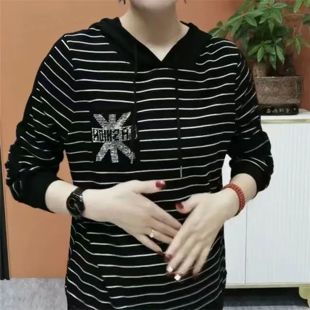 大码200斤春秋季新款长袖烫钻T恤女中年妈妈连帽时尚黑色打底衫