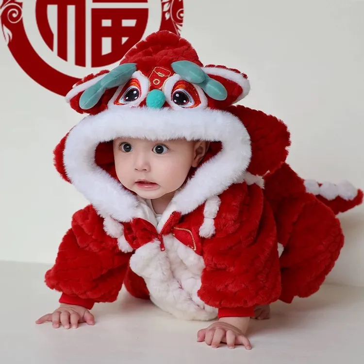 婴儿冬装宝宝拜年服冬季加绒加厚连体衣婴幼儿喜庆过年服周岁服冬