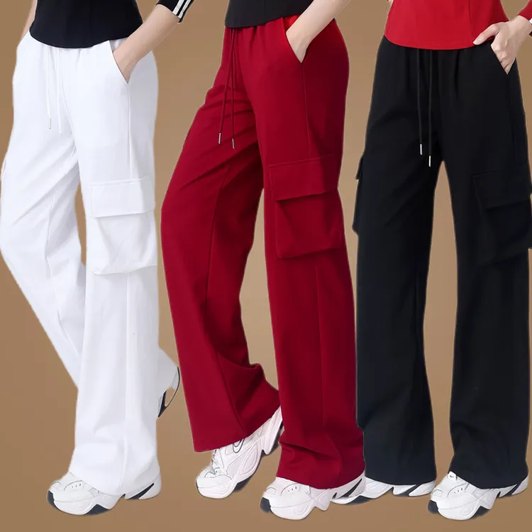 网红推荐工装裤女春秋季新款广场舞运动裤高腰宽松显瘦口袋直筒裤