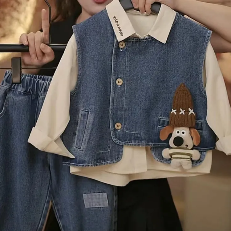 男童秋装套装2024春秋新款儿童复古洋气马甲长袖衬衫牛仔三件套