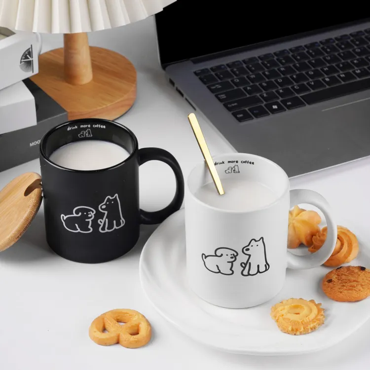 磨砂小狗马克杯韩风ins早餐咖啡杯陶瓷杯黑白情侣杯350毫升松弛感