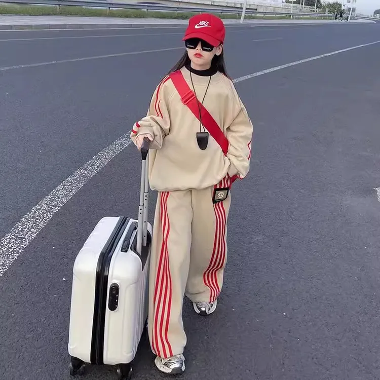 女童装加厚套装秋冬季2024洋气中大童小女孩休闲卫衣加绒两件套潮