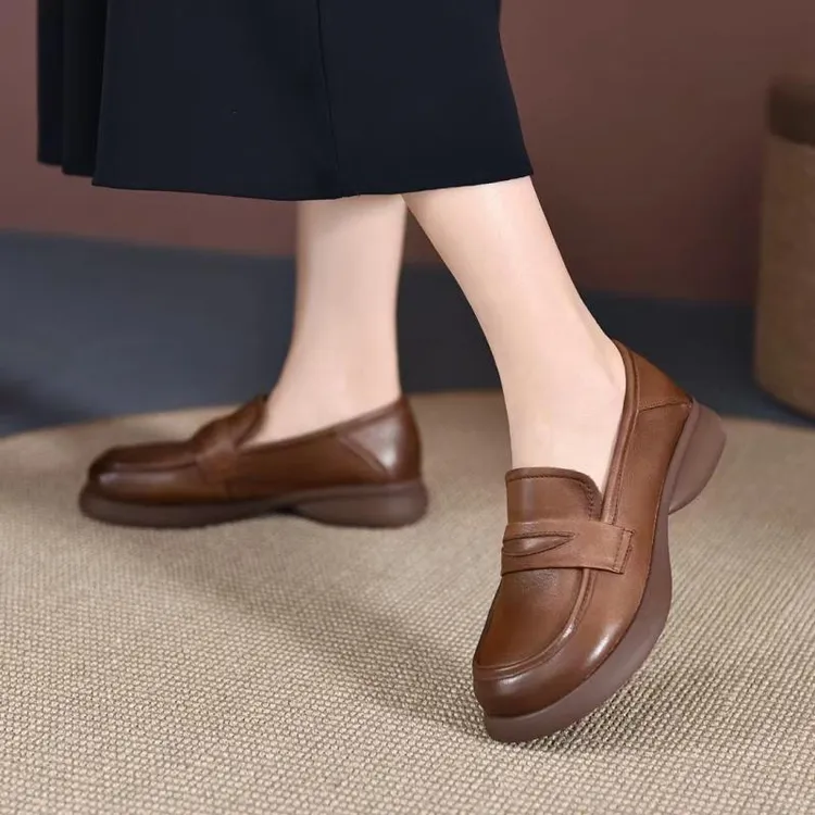 2023春季新款妈妈鞋厚底英伦小皮鞋头层牛皮休闲女鞋一脚蹬乐福鞋