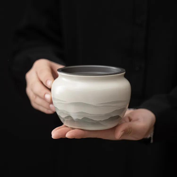 草木灰建水远山水墨壶承家用陶瓷茶洗水孟功夫茶具小号储水小茶洗