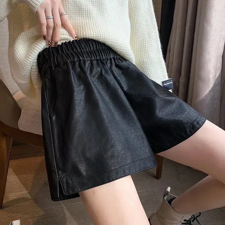 2024皮短裤女秋冬外穿新款爆款高腰皮裤大码阔腿显瘦宽松打底靴裤