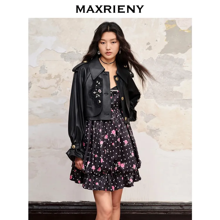 MAXRIENY复古截短风衣式外套夹克皮衣女外套长袖短款时尚女士