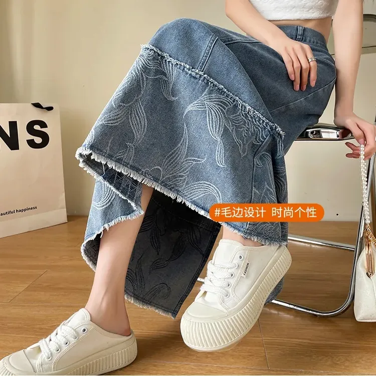 高档半身裙新中式国风复古拼接提花牛仔高腰a字长款宽松夏季新款