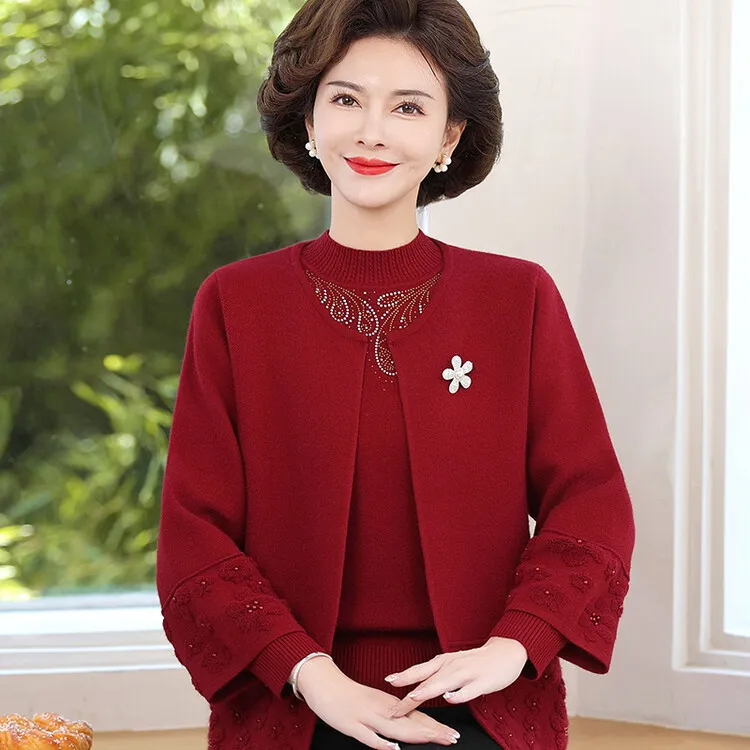 秋季喜婆婆婚宴装两件套中年礼服上衣毛衣外套老年人结婚妈妈衣服