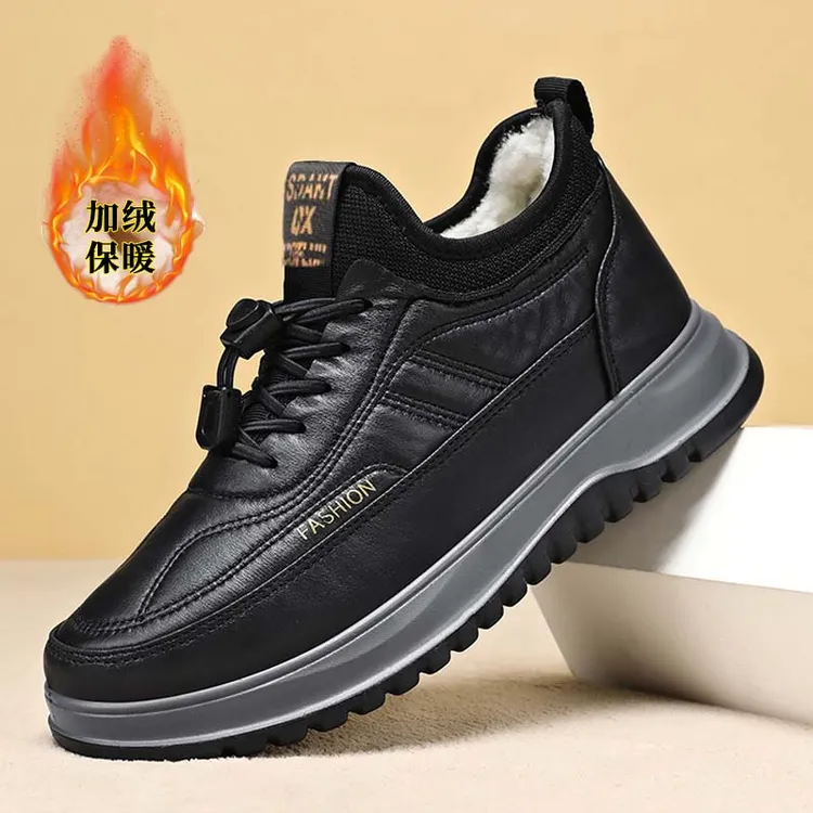 新款棉鞋男加绒保暖绵羊毛爸爸鞋皮面防水防滑雪地靴一脚蹬工作鞋