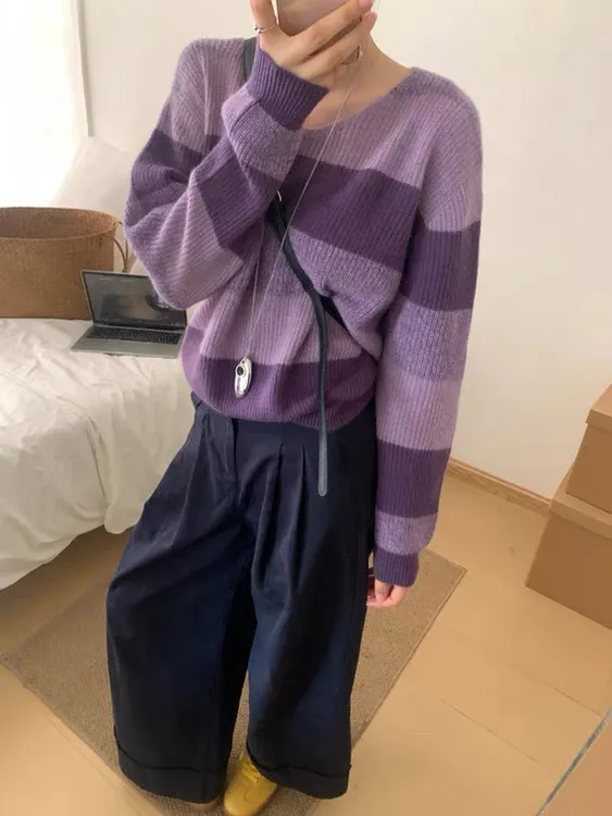 欧货时髦复古撞色宽条纹低圆领毛衣女慵懒宽松显瘦软糯针织衫外搭