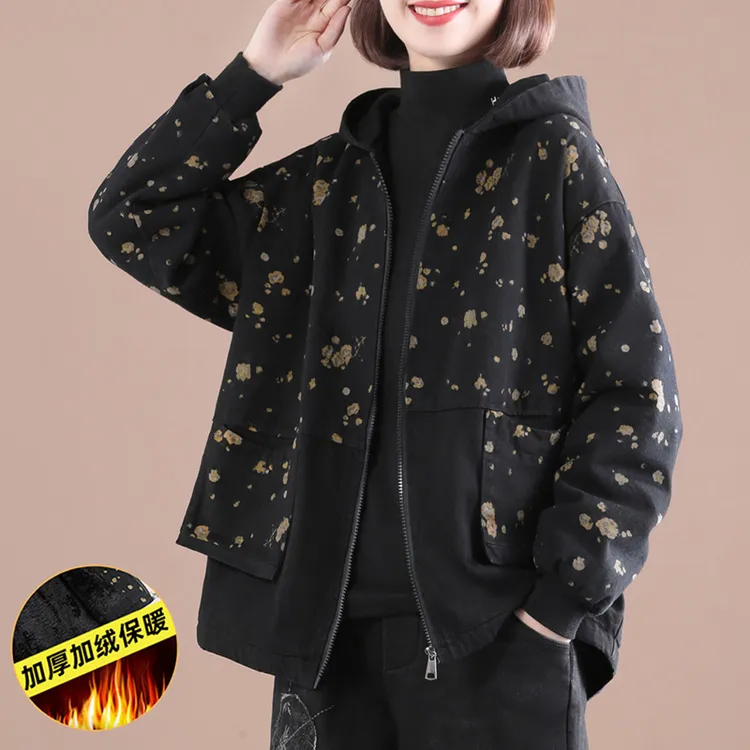 2025新款爆款洋气时尚印花连帽外套女宽松大码上衣秋冬加绒保暖