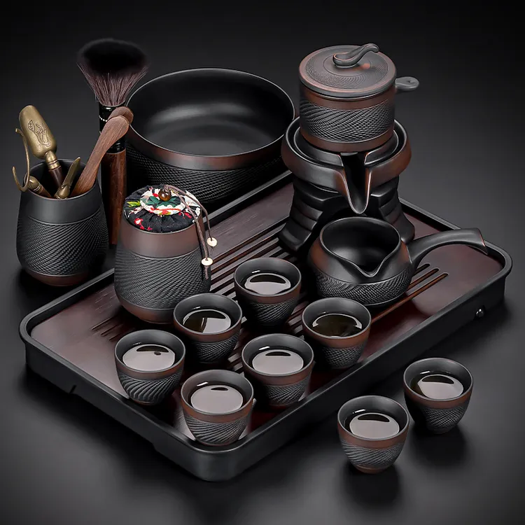 紫陶功夫茶具套装家用中式复古石磨自动旋转茶壶茶杯懒人冲泡神器