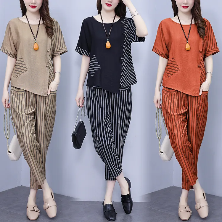 大码女装2024夏装新款时尚短袖上衣裤子两件套宽松显瘦条纹套装