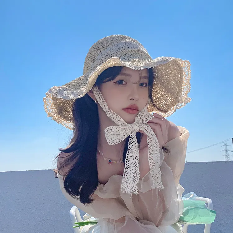 夏天草帽韩版新款可爱女生出游遮阳防晒镂空沙滩大帽檐蕾丝遮阳帽
