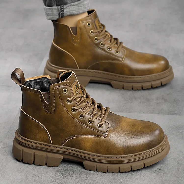 休闲马丁靴男士百搭真皮复古潮流潮鞋英伦风冬季工装靴紫高帮短靴