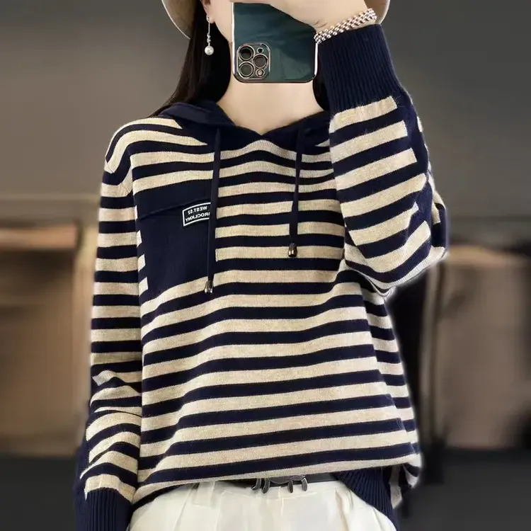 100羊毛！爆款条纹帽衫宽松显瘦连帽上衣洋气减龄针织打底衫