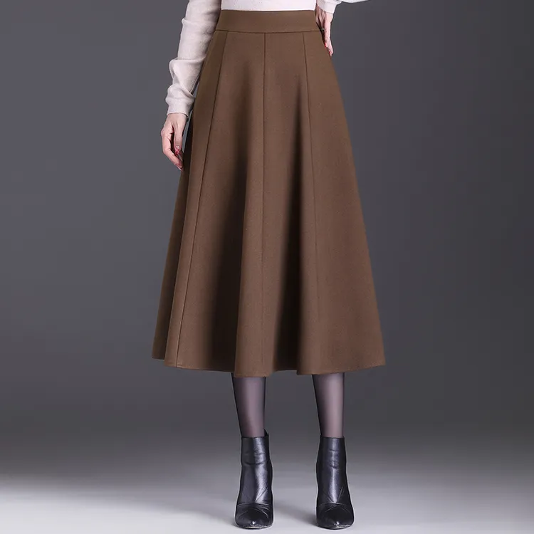 八片式毛呢半身裙2023秋冬新款高腰中长款小个子洋气百褶a字裙子