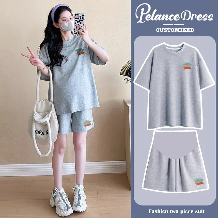 孕妇短袖t恤裤子套装夏款2025新款小个子衣服遮肚子不显怀夏季女