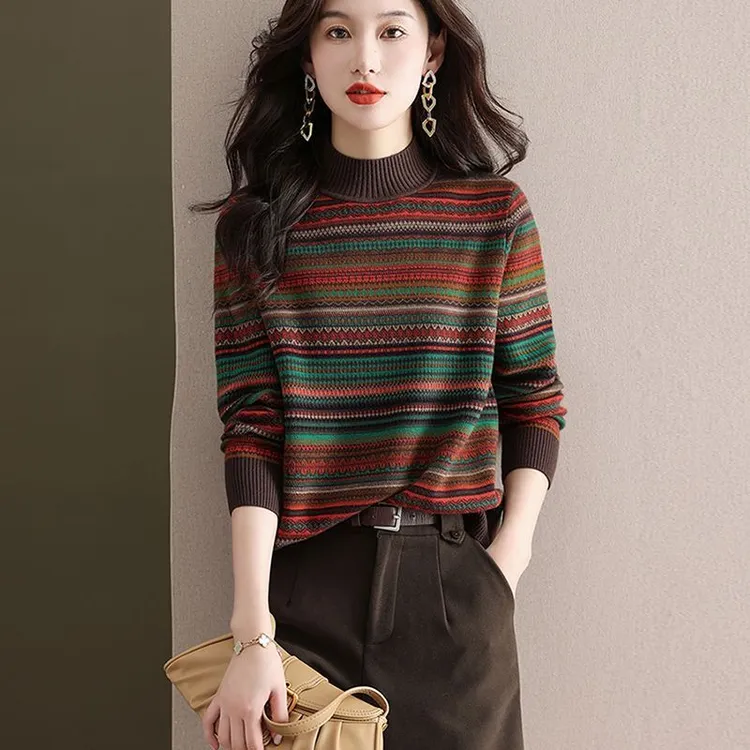 鄂尔多斯市显瘦百搭气质条纹保暖毛衣宽松打底内搭羊绒衫时尚女
