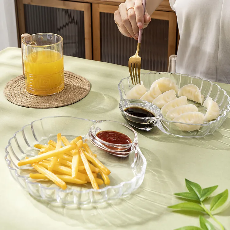 朗旭玻璃盘水果盘多功能盘子家用扇形饺子盘带醋碟分格点心蘸料盘