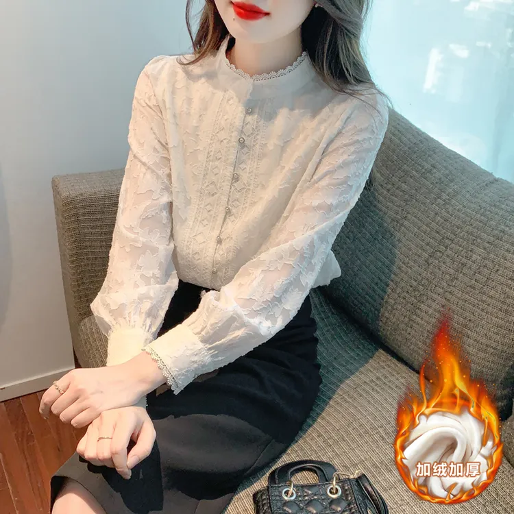 2025秋冬新款加绒加厚立领长袖蕾丝打底衫女士内搭洋气小衫上衣