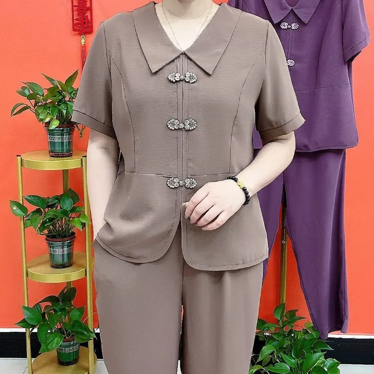 洋气妈妈纯色宽松上衣加裤子夏季时尚复古盘扣短袖高端潮流两件套