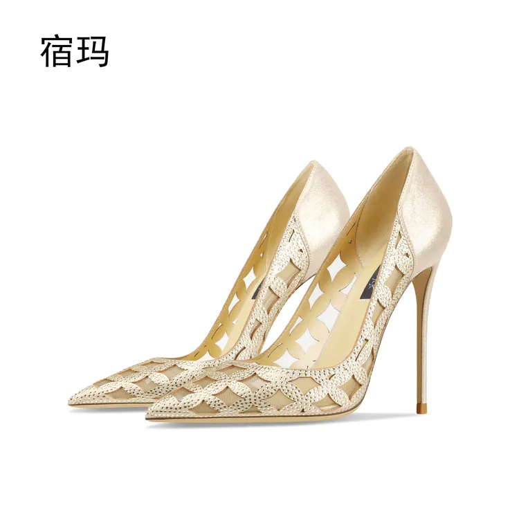 宿玛金色水钻蕾丝网状高跟鞋女2025年新款欧美尖头礼服名媛单跟鞋
