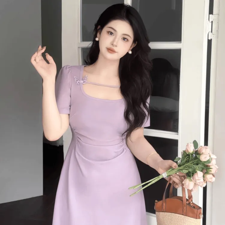 大码胖mm夏日气质法式显瘦性感短袖收腰时尚连衣裙大码气质长裙子