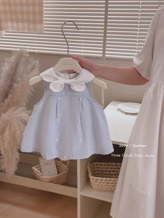 三小朵【爱琴海】女宝宝婴幼儿公主裙无袖海军风条纹百天夏装包屁裙