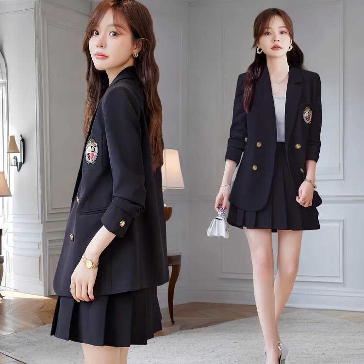 学院风小西装外套女春秋新款韩版宽松休闲时尚百搭西服百褶裙套装