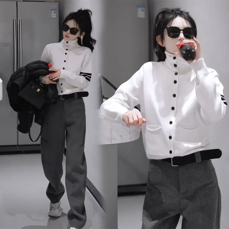 2024秋冬松弛感宽松显瘦高领长袖毛衣打底开衫加厚直筒长裤两件套