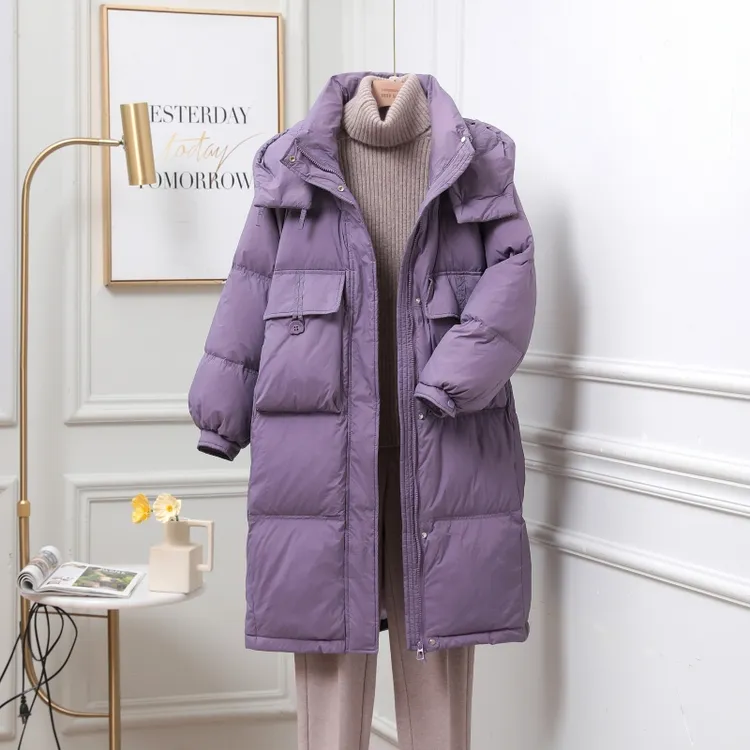 羽绒服女中长款2025年冬季新款韩版半粒扣连帽收腰加厚时尚外套潮