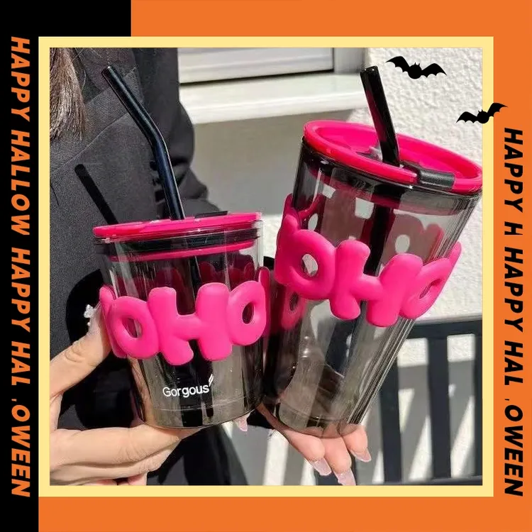 【两个装】夏季网红玻璃杯字母吸管ins风咖啡饮料杯自行车水壶水杯