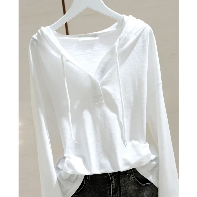 纯色连帽白色长袖t恤女2025秋冬宽松显瘦竹节棉套头内搭打底上衣