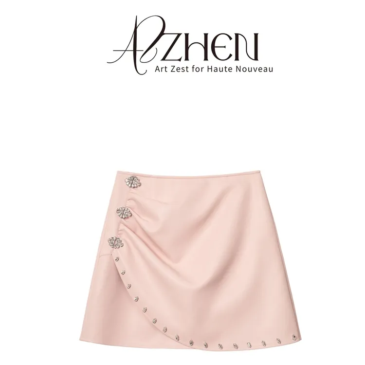 AZZHEN【西西里记忆】精致轻奢感重工镶钻PU高腰A字皮裙AZ4JSQ11-00