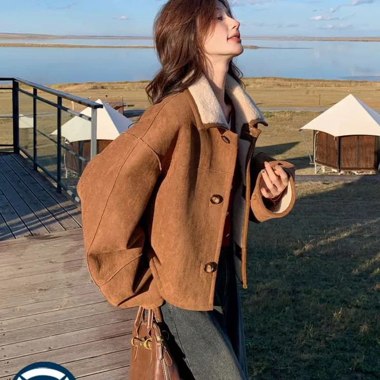 双面穿仿麂皮绒上衣女秋季2024新款小个子冬季加绒加厚羊羔毛棉服