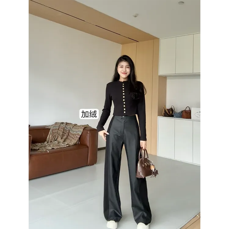 张阿星【修容皮裤】加绒气质百搭修身外套+弹力高腰垂感直筒皮裤