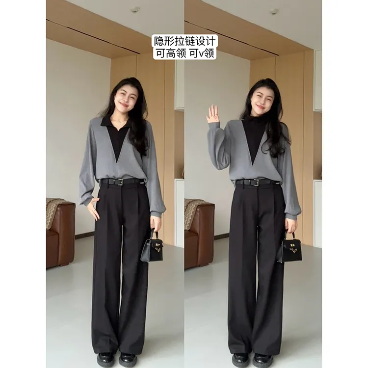 张阿星【黑灰腔调】撞色高级感针织衫+加绒保暖西装裤   W424C18326