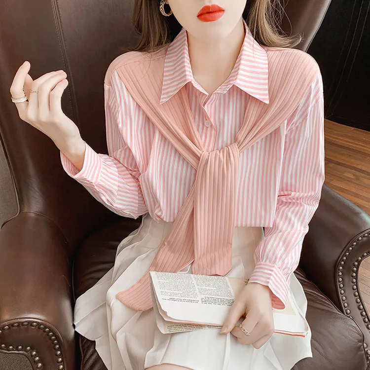 2025年春季高贵上档次条纹长袖衬衫女士高级感宽松假两件上衣外穿